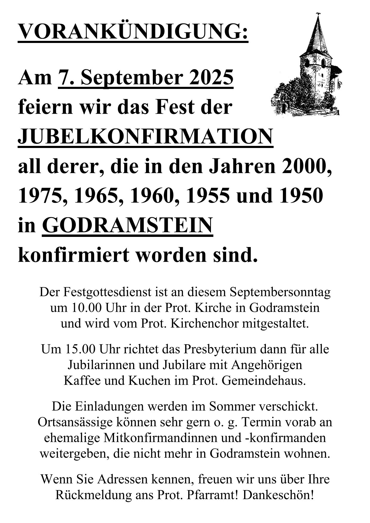 VORANKÜNDIGUNG Jubelkonfirmation 1