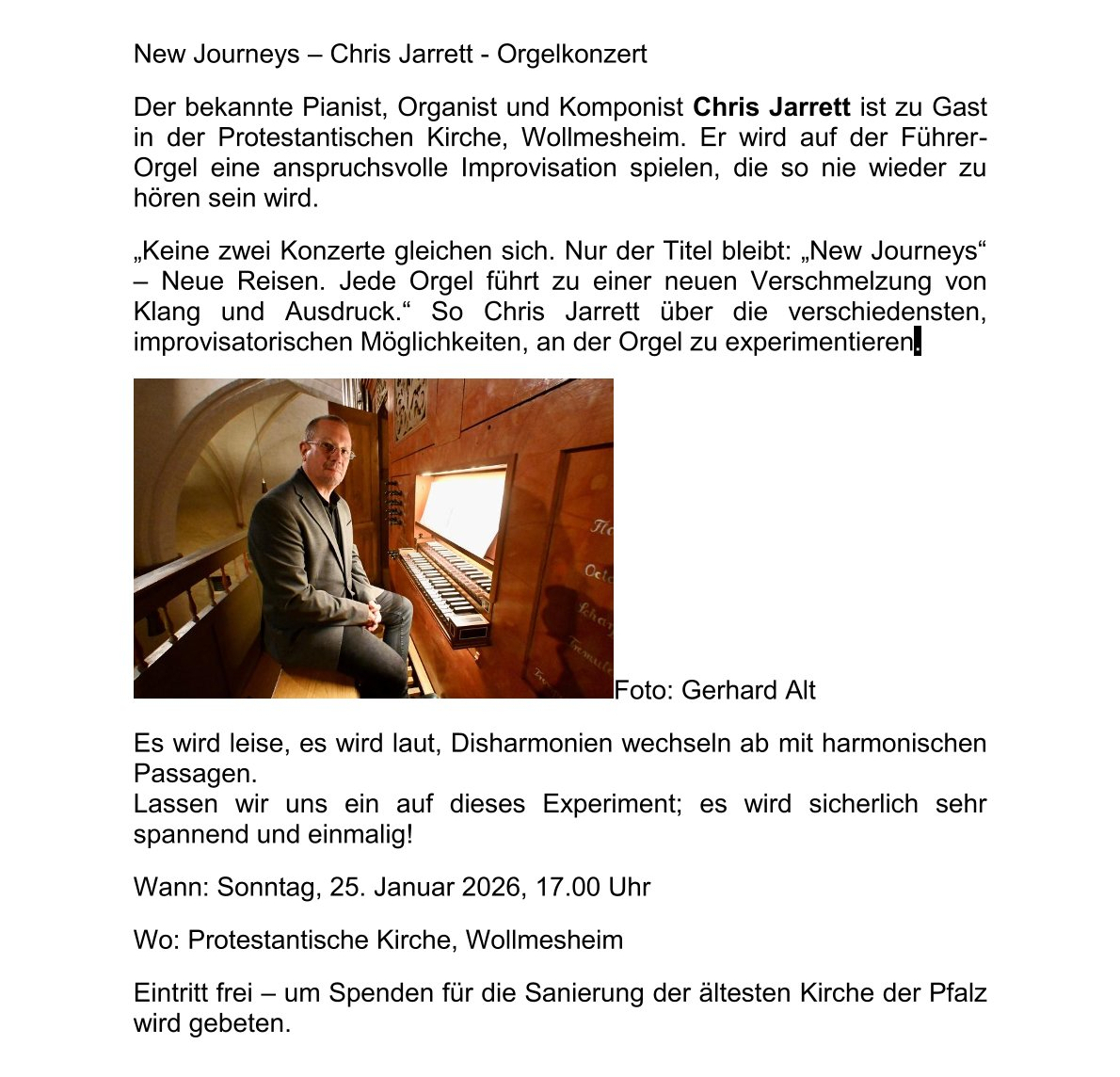 New Journeys Bericht für Kirchenkonzerte Homepage evkirche queich weinstrasse 1